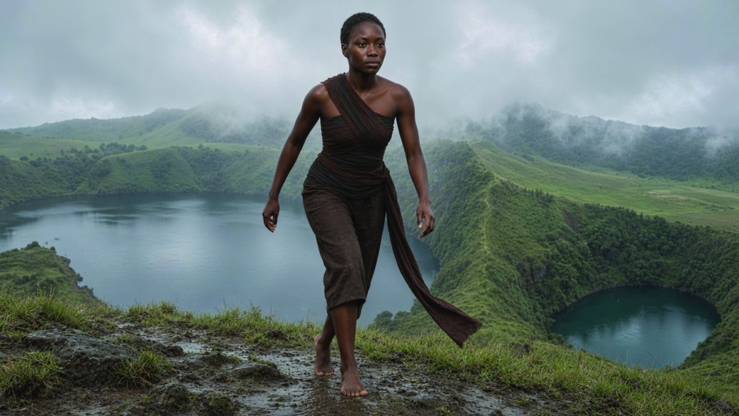 Nya Nyongo mid-stride on the ridge above the Twin Muanenguba Lakes