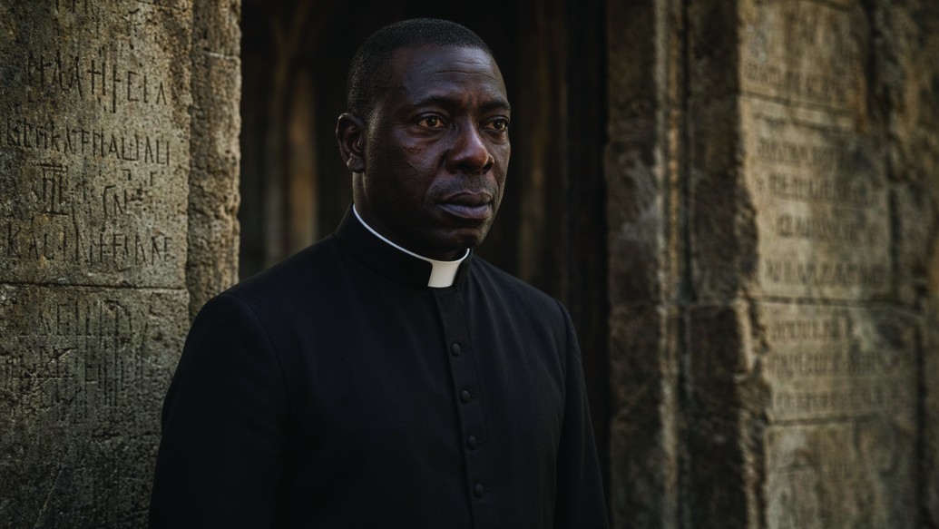 Peter in clerical collar at a carved stone doorway — the place that erased his name