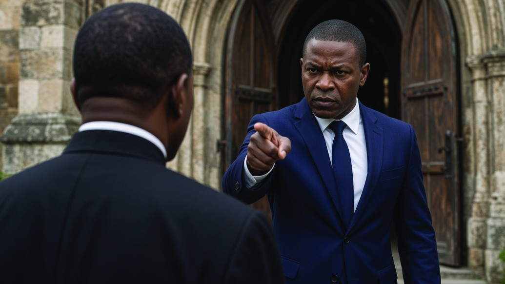 Over-the-shoulder: a government official points at Peter, seen from behind