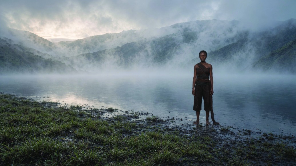 Wide: Nya Nyongo small at the misty shore of the Muanenguba lake