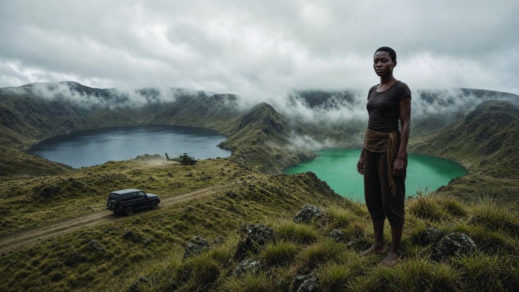 Nya Nyongo on the ridge above the Twin Muanenguba Lakes, with an SUV and a helicopter below — sacred and modern worlds connected