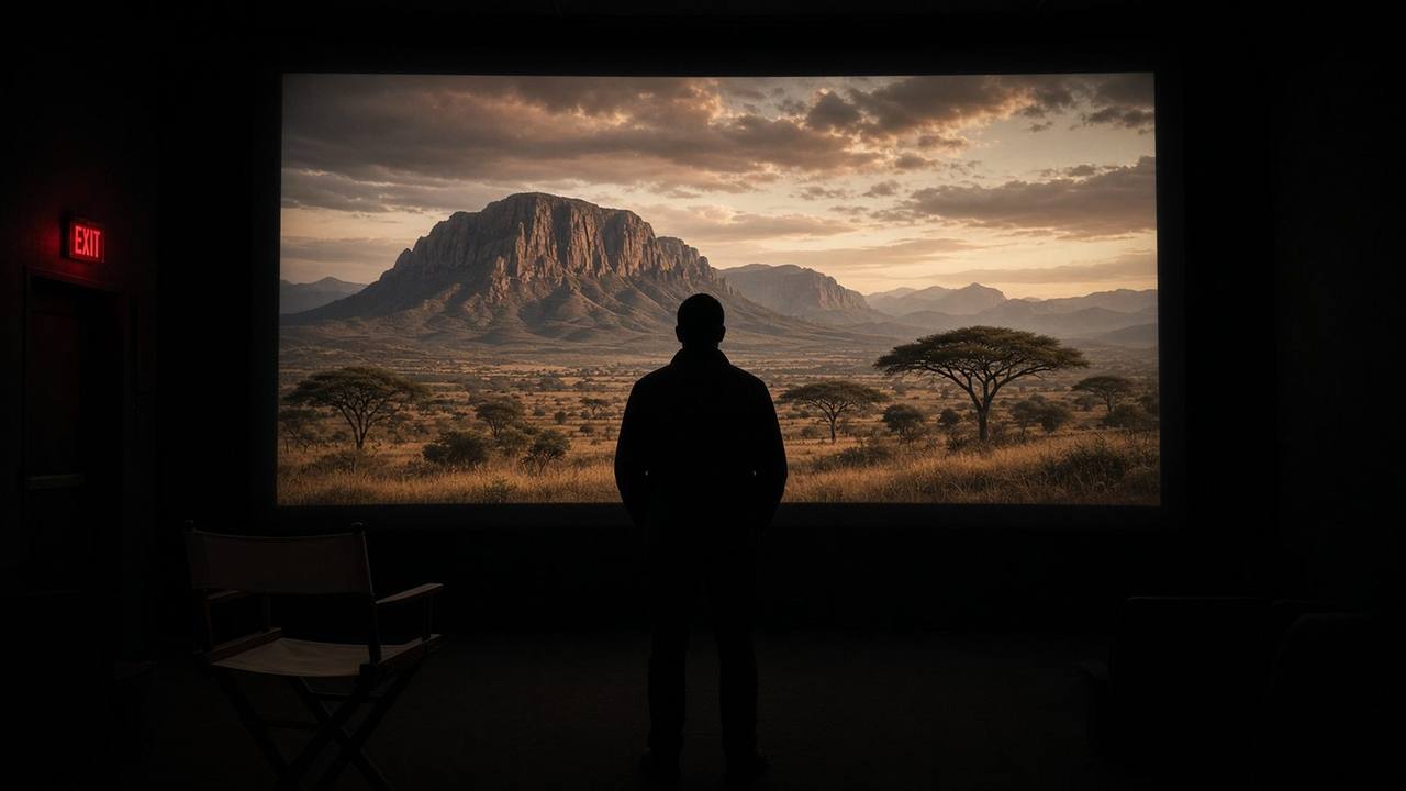 A filmmaker silhouetted before a cinema screen